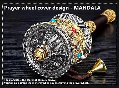 Miniatura 6 de Rueda de oración de mano grande de cobre con budista tibetano de seis caracteres de verdad de Buda de primera calidad, rueda de oración de mango de