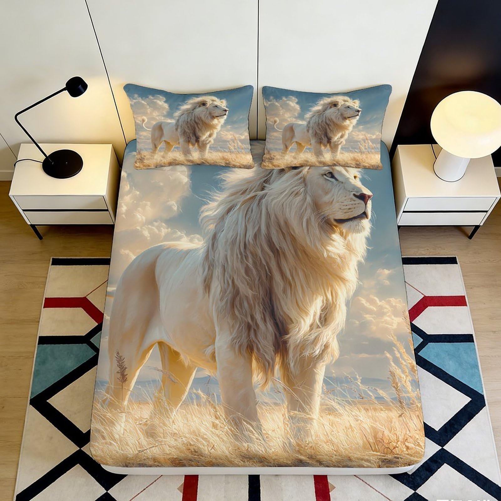3D Printed White Lion Fitted Sheet Microfiber Soft Anti-Slip Savannah Sky Mattress Cover for Bedroom Dorm Room Decor 120x200x25cm