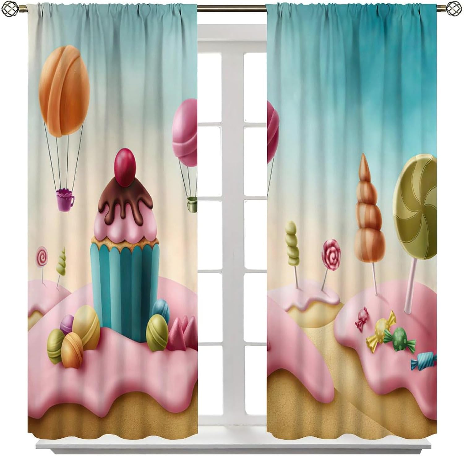 Candy Curtains Fantasy Surreal Candyland Cupcake Bonbon Lollis Food Sweets Ice Cream Curtain with Rod Pocket for Bedroom Living Room Drapes Window Treatments 2 Panels Set 42" W X 45" L