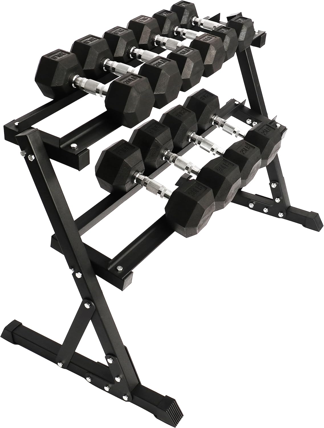 Signature Fitness 200LB Rubber Coated Hex Dumbbell Weight Set and Storage Rack, 10-30 lbs Pairs