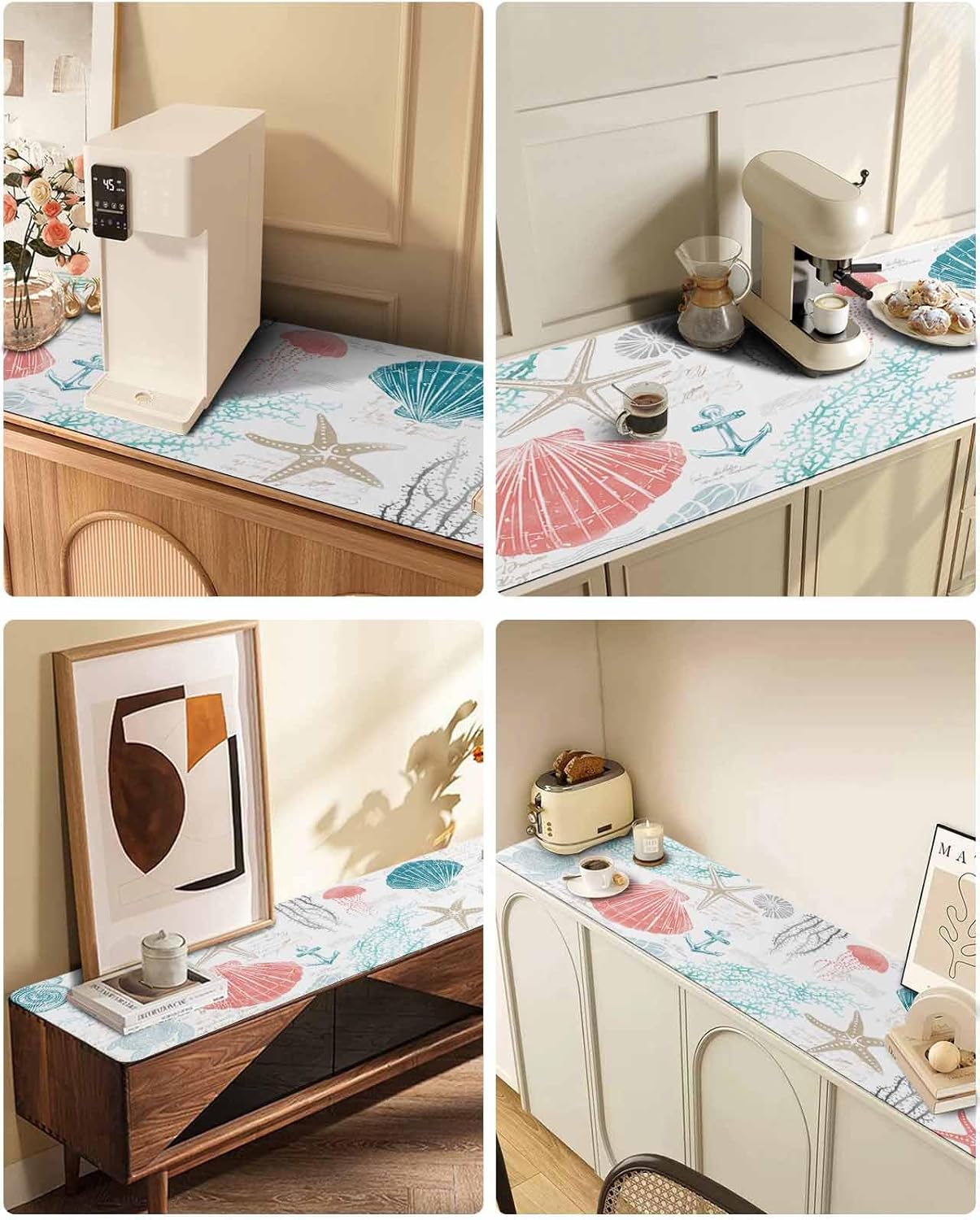 Heat Proof Table Pads Waterproof Decorative, Red Teal Shell Coastal Non-Slip Table Countertop Protector, Nautical Anchor Coral Ocean Turtle Insulation Mat for Kitchen Room, 40 x 12 Inches