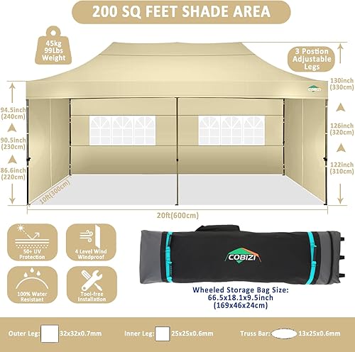 Miniatura 394 de COBIZI - Toldo desplegable de 10 x 10 pies, 4 paredes laterales, FPU 50+ para todo el año, resistente al viento, impermeable, uso comercial, Gris