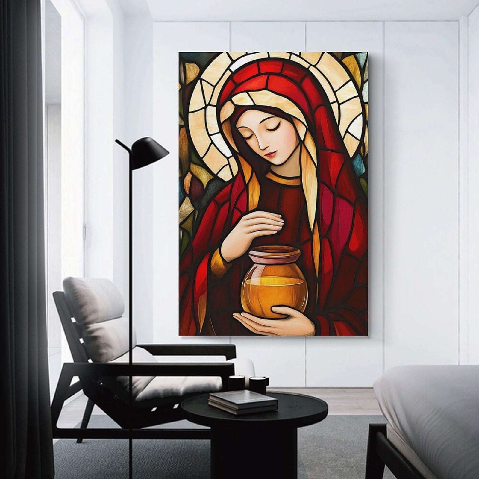 Junmoney Unframe-Style-8 Wall Picture Print Stained Glass Virgin Mary, 20X30inch(50X75cm), For Contemporary Homes, Apartments Or Offices, Decorative Canvas Decor For Home Updates
