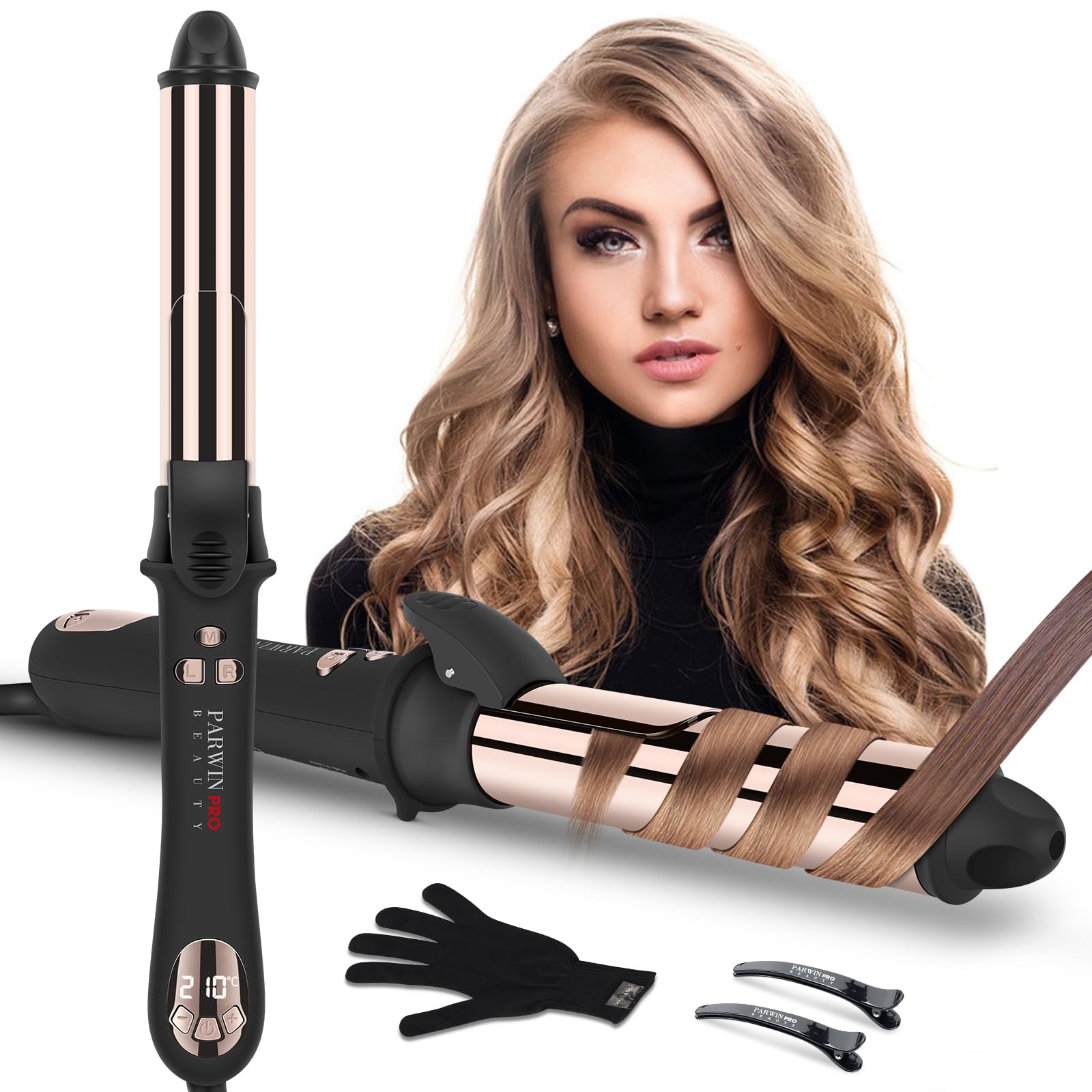 360° Rotierender Lockenstab Automatisch, PARWIN PRO BEAUTY Lockenstab Curling Iron 32mm, Nano-Titan-Beschichtung, Hair Curler mit LCD Display, 120-210℃