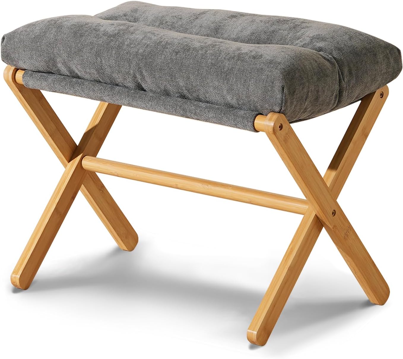 Folding Upholstered Footrest Stool, Small Accent Ottoman with Thick Cotton Cushion & Bamboo X Legs, Modern Padded Sofa Stool for Makeup Bedroom Living Room, Grey Grey 2