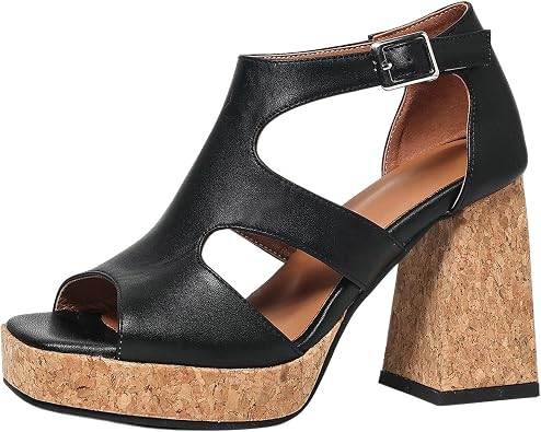 KiutSymo Womens Platform Gladiator Sandals Chunky High Heels Hollow Out Open Square Toe Pumps with Ankle Strap Retro Beach Summer Sandals Party Wedding Dress Shoes
