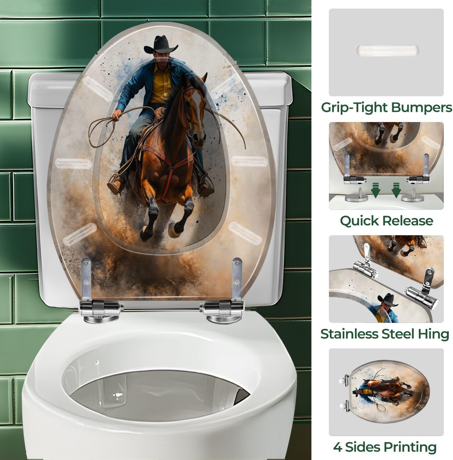 Elongated Toilet Seat Cowboy Western Galloping Horse Lasso Dramatic Western Resin Toilet Seat with Quietly Close Quick Release Hinges Decorative Toilet Seat with Cover Easy to Clean and Install