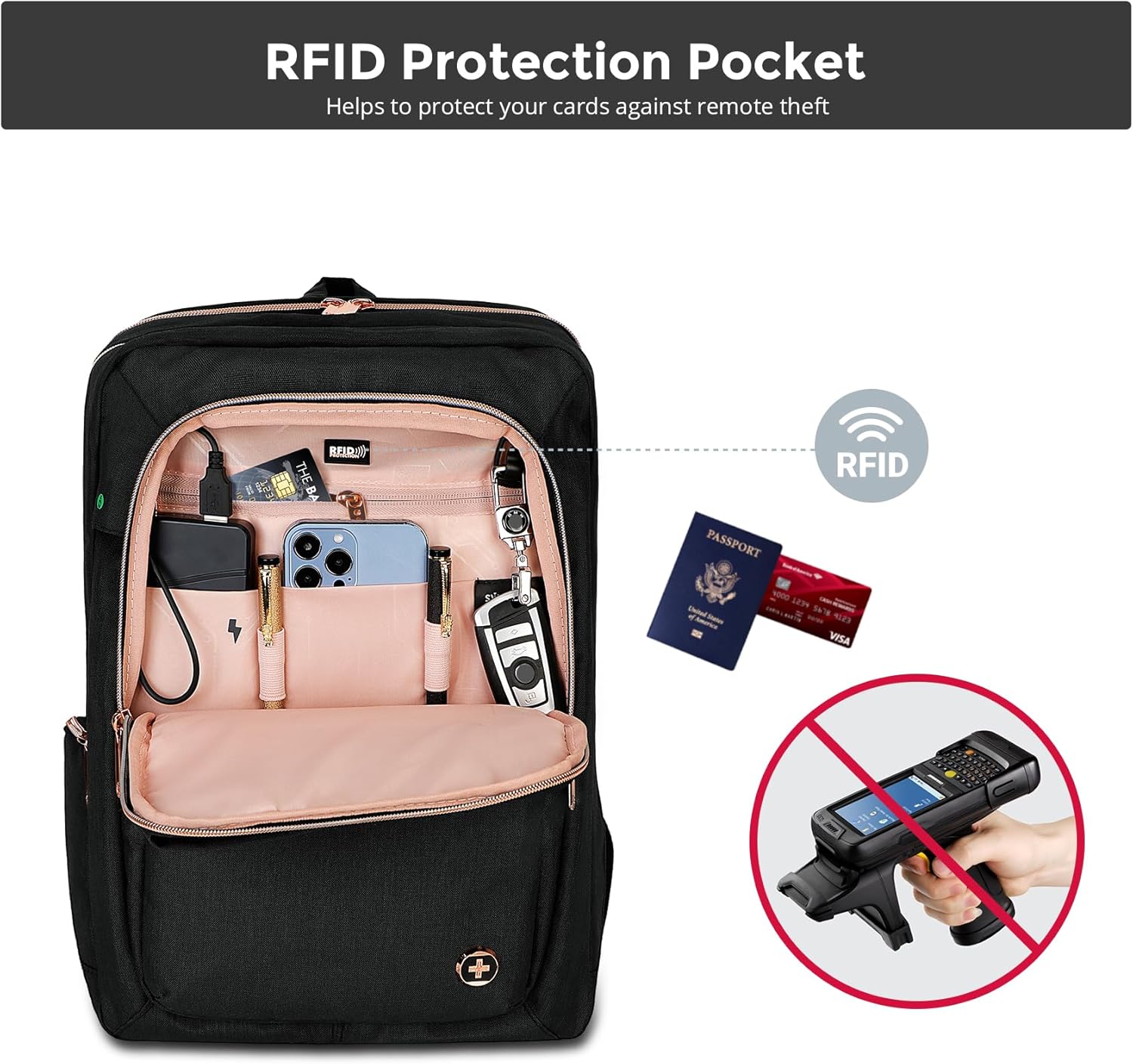 Swissdigital Design Business Backpack For Women with Rose Gold-Tone Zippers College Travel Laptop Backpack with Apple Find My Network,Fits 15.6 inch Laptop,Black-Finder Color Random | SD1006FB0-01