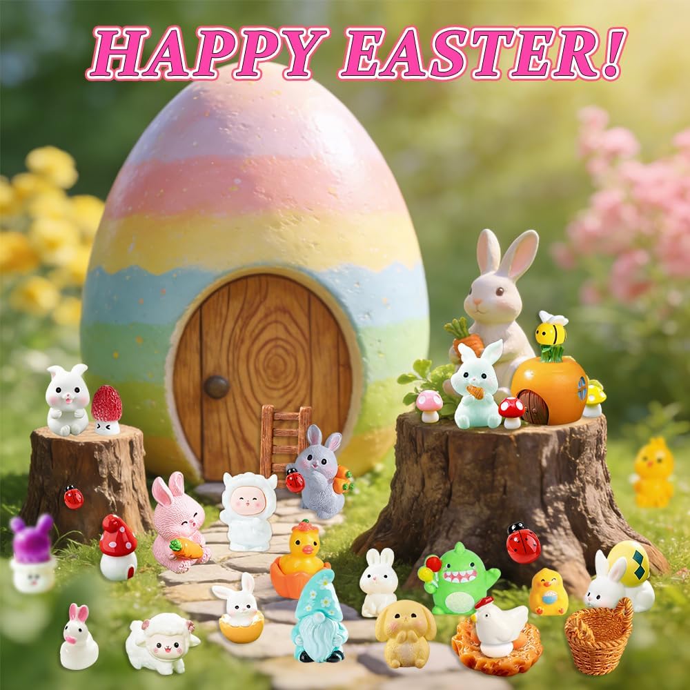50 Pcs Easter Mini Resin Figurines, Miniature Sculptures Small Farm Bunny Chick Fairy Garden Decor for Dollhouse Easter Egg Fillers Party Favors Supplies DlY Landscape Terrarium
