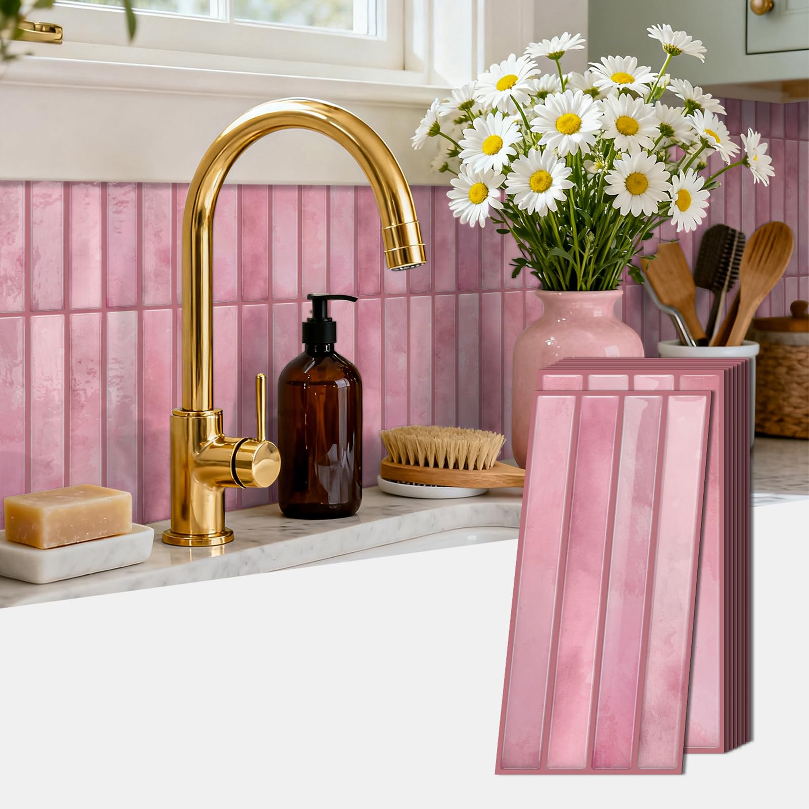 Piastrelle adesive 3D per cucina, 12 pezzi, in PVC, autoadesive, impermeabili e paraspruzzi, per cucina, bagno, soggiorno, parete rosa