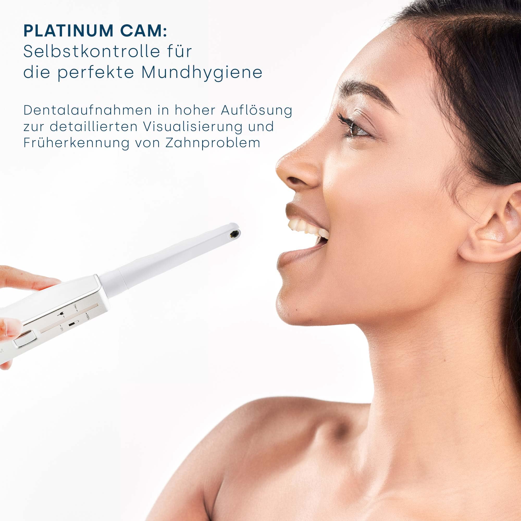 emmi-dent PLATINUM CAM Cepillo de dientes ultrasónico eléctrico (Set Premium Blanco) - Visualización y detección de problemas dentales con cámara - Ideal para dientes y encías sensibles