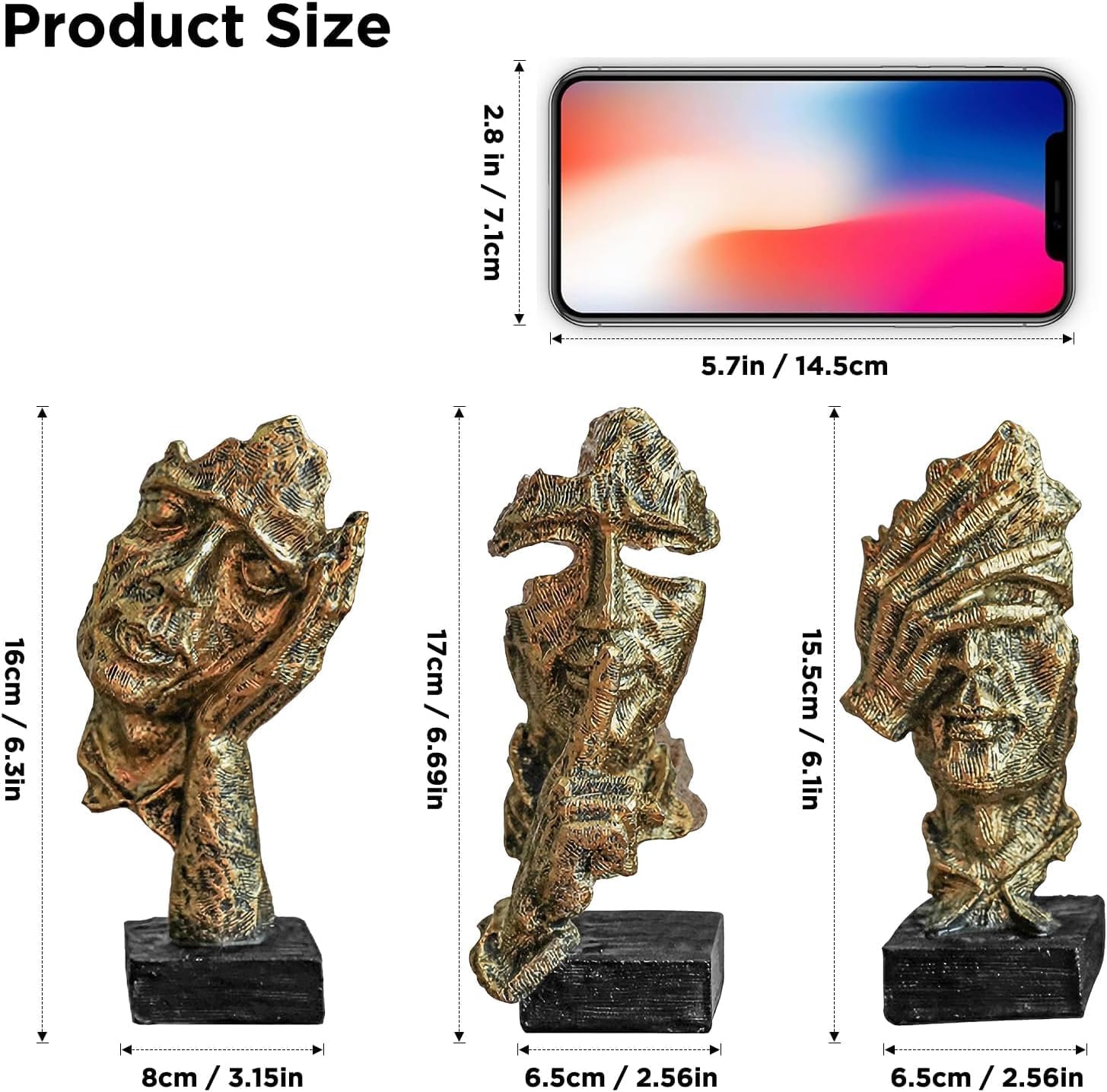 3 Pcs Thinker Statue, Silence is Gold Abstract Art Figurine, Hear No Evil Speak No Evil Statues, Resin Statues for Home Decor for Living Room,Office Bookshelf,Desktop (Copper)