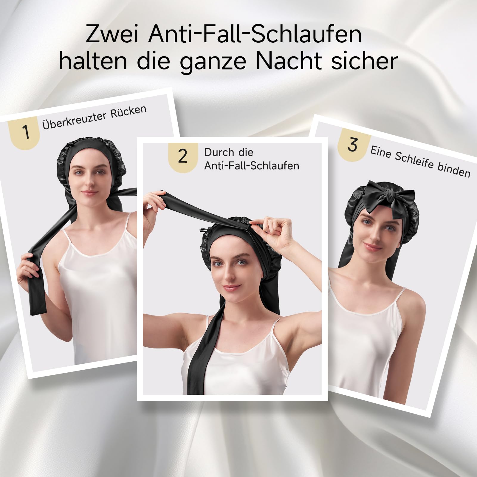 Umisleep 22 Momme 100% Maulbeerseide Schlafmütze, Doppelseitig, Weiche Nachtmütze für Voluminöses Haar, Atmungsaktiv, Verstellbares Breites Band, Schwarz