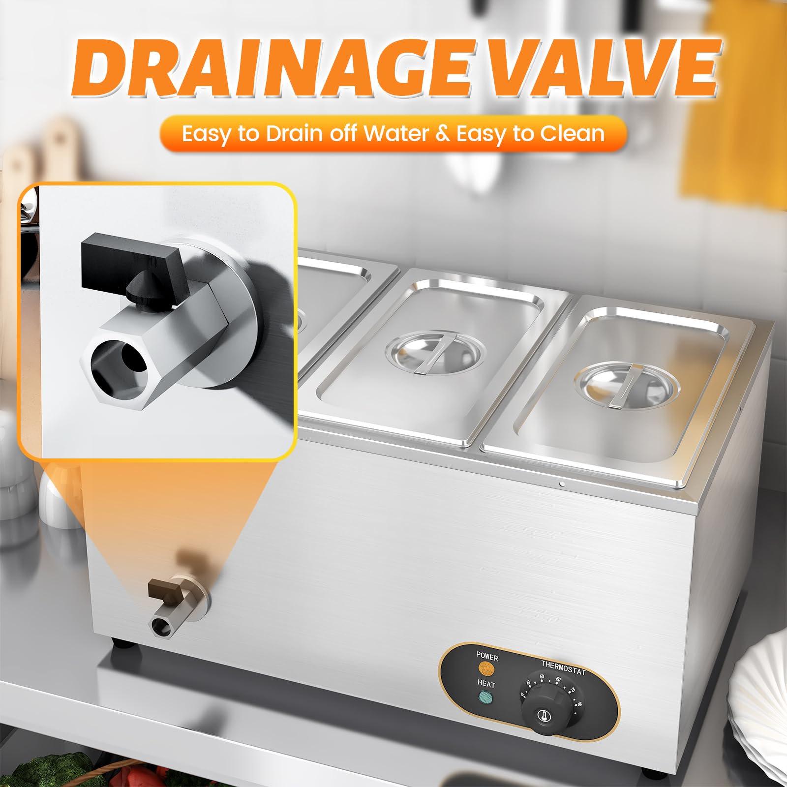 Bain Marie Électrique en Acier Inoxydable 1500W, 3X 1/3 GN Récipients avec Couvercle,Température réglable 30°C - 85 °C, Chauffe-Plats Buffet