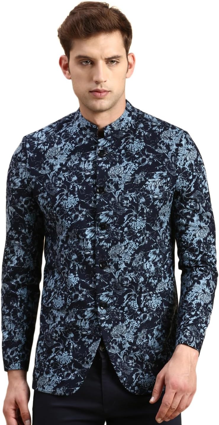 Mens Printed Mandarin Collar Slim Fit Bandhgala Blazer Navy SOBLZ-79-14_NavyBlue