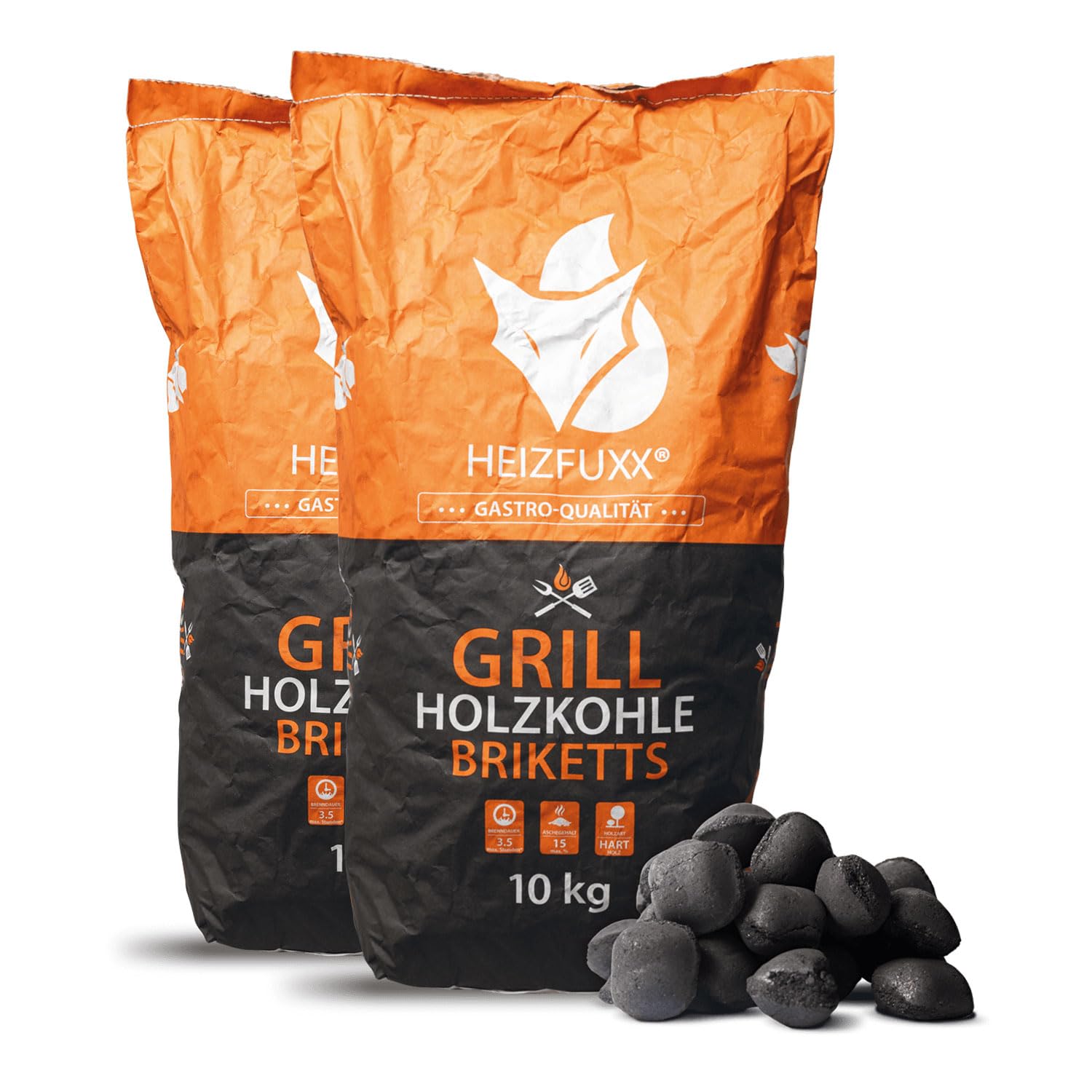 HEIZFUXX Grillholzkohlebriketts Kohle Hartholz BBQ Gastro Restaurant Grill Smoker Steakhouse Brikett Profi Premium 10kg x 2 Sack 20kg / 1 Karton Paligo, SGA1002, Schwarz / Natur