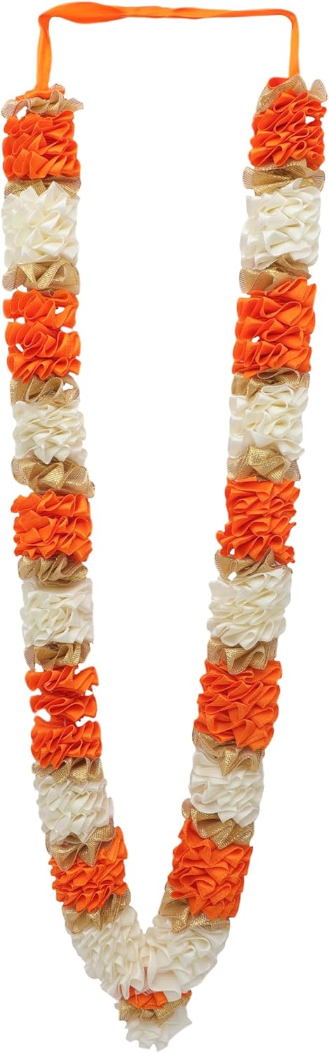 Artificial Mala Flowers Ribbon Garland Large Mala for Idol-Mala for God Pooja Sringar Article Ornament for Multipurpose Indian Traditional Festival New year Housewarming(Size:-20")(White & Orange)