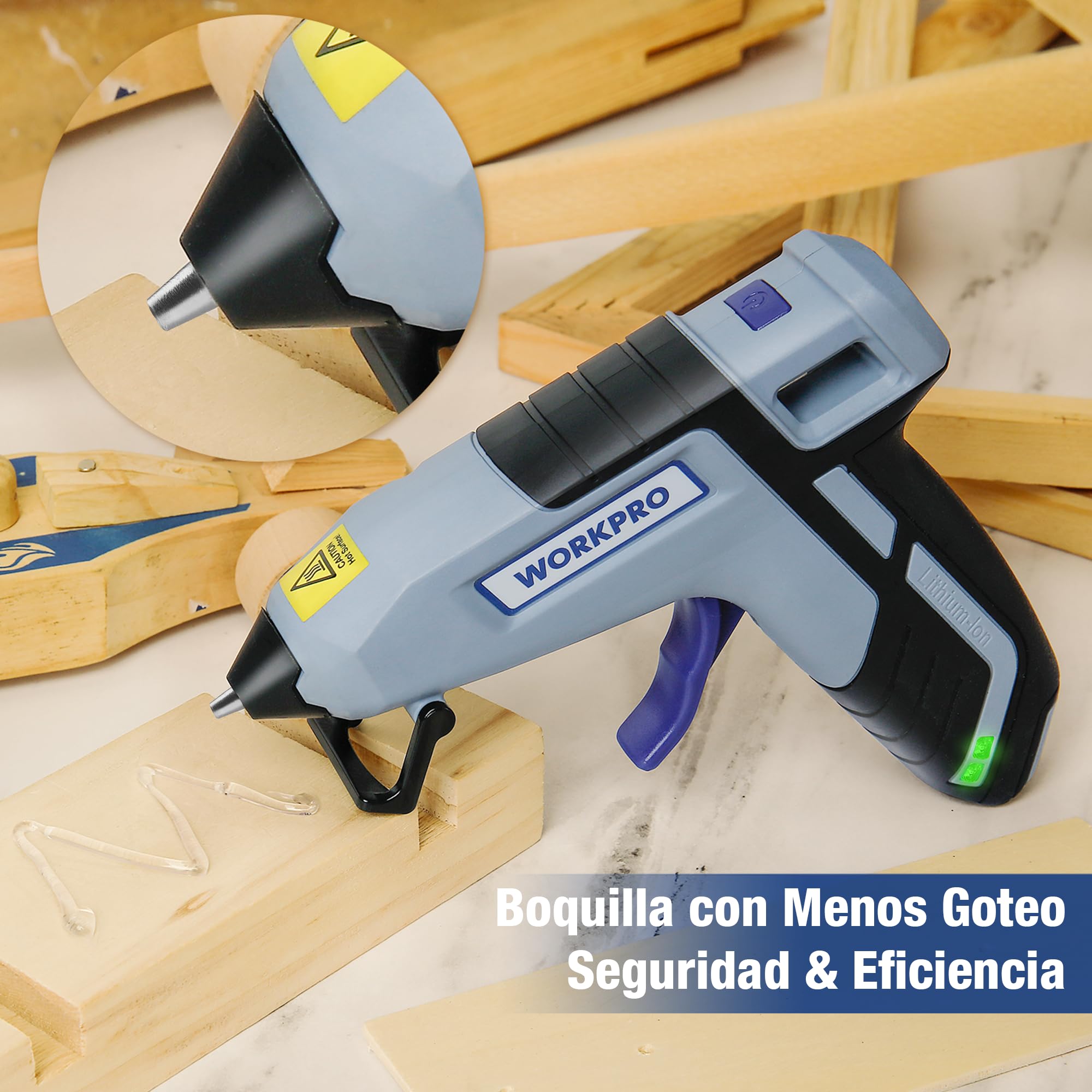 WORKPRO Pistola de Silicona Caliente Inalámbrica con 20 Barras (7x100 mm), 3,6V Pistola de Pegamento Termofusible con Boquilla de Menos Goteo, USB-C Recargable, Ideal para Bricolaje y Decoración