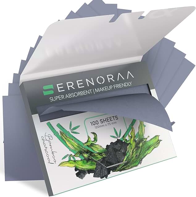 Serenoraa Oil Blotting Sheets for Face Pack of 1 (100 Wipes) - Quality Natural Bamboo Charcoal, with Extra Large Blotting ...