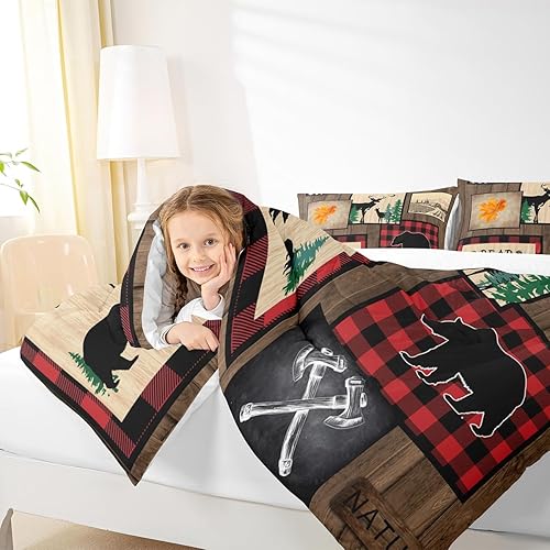 Miniatura 4 de Manfei Juego de edredón rústico tamaño Queen, juego de edredón con estampado de ciervos y osos salvajes con 2 fundas de almohada, estilo granja,