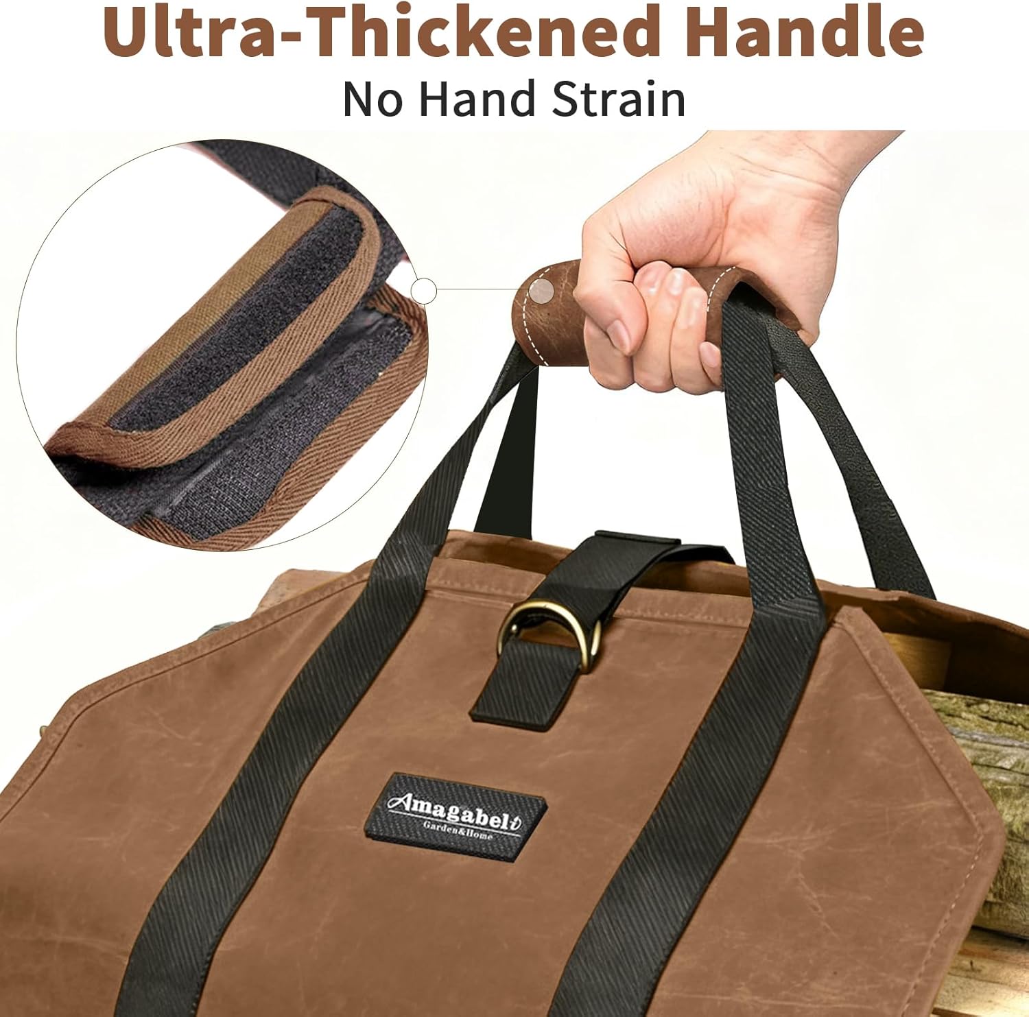 AMAGABELI GARDEN & HOME Firewood Carrier Waxed Canvas Firewood Bag Heavy Duty Large Fireplace Carrier Durable Log Tote Fire Wood Carring Bag with Handles Wood Sling Holder Cabin Stove Accessories - Image 4