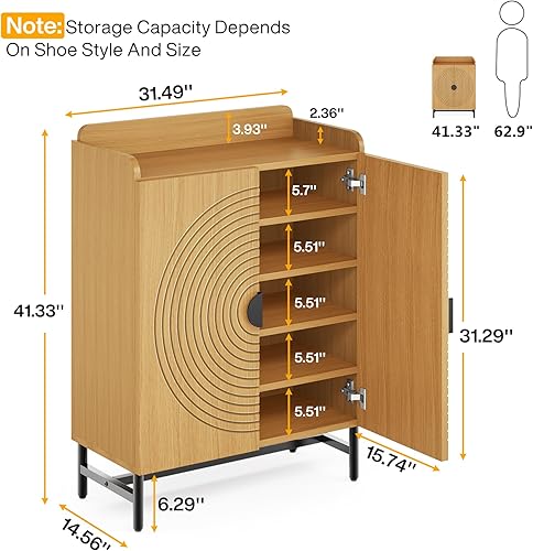 Miniatura 2 de Tribesigns Armario de zapatos con puertas, armario de almacenamiento de zapatos de 6 niveles con estantes ajustables, estante de zapatos de madera