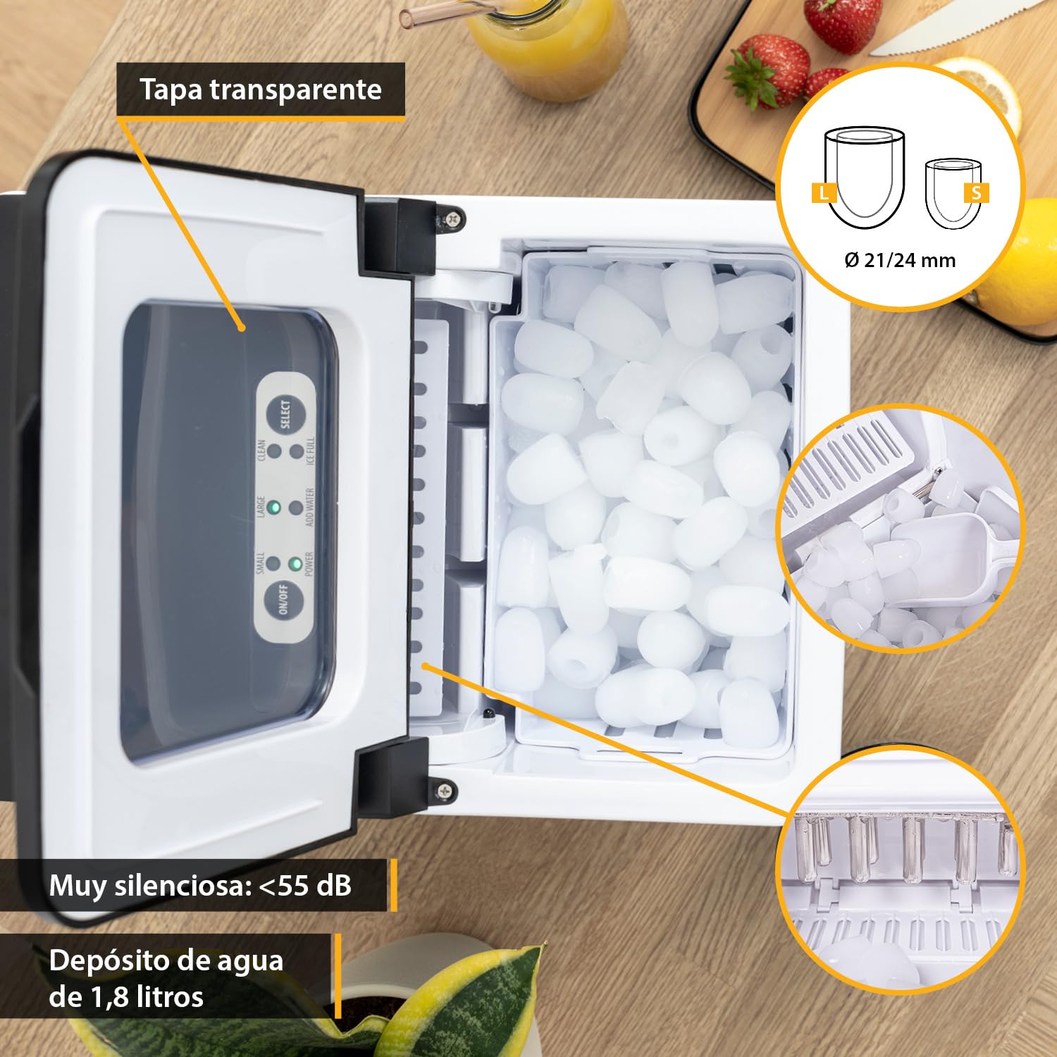 TZS Máquina de hielo - Fabricador de cubitos - 9 cubitos en 7-9 min | Cubos S/L | 12 kg en 24 h | Depósito 1,8 L | 150W - Panel LED
