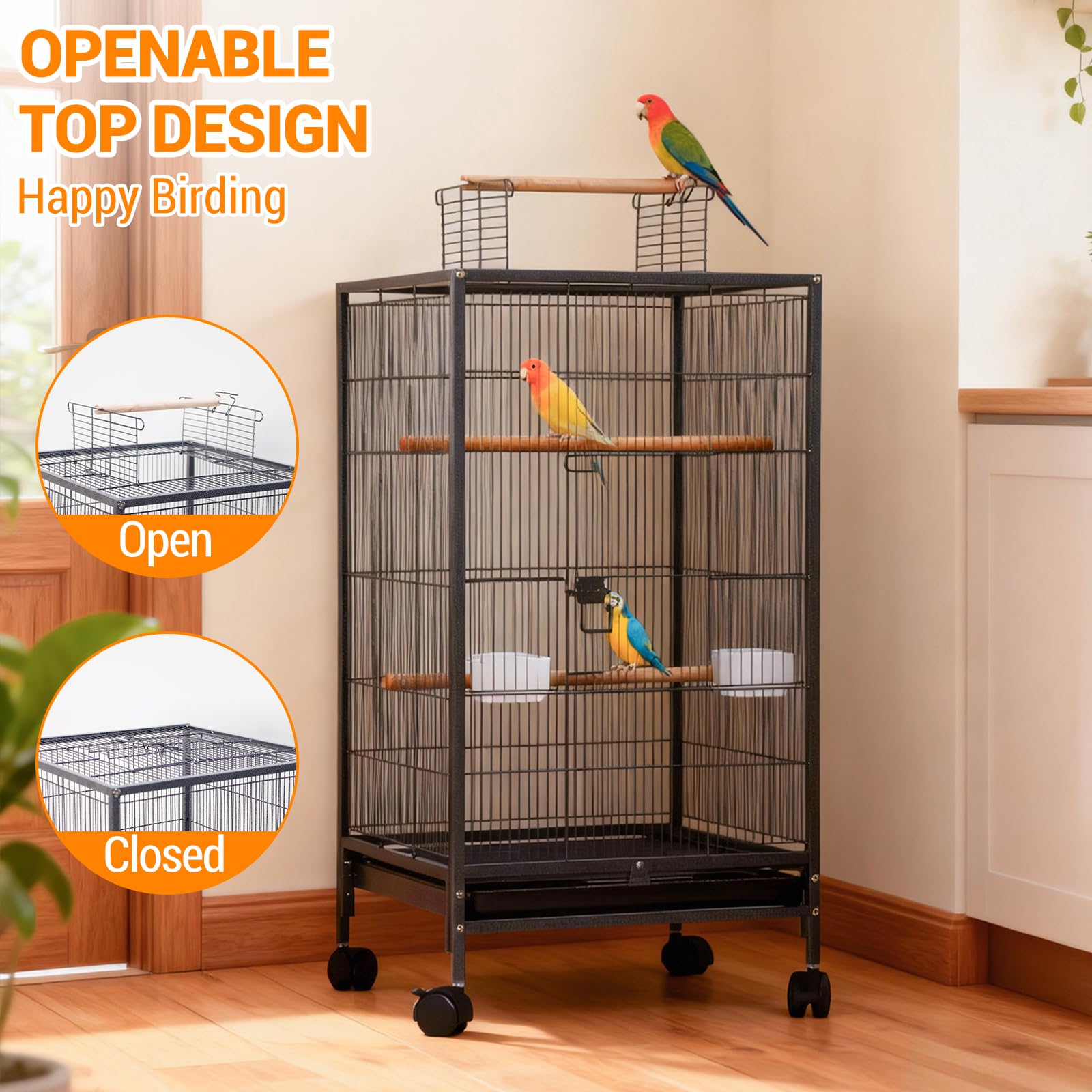Vogelkäfig, 46 x 46 x 102 cm Großformat Vogelbauer mit Spieldach, Rollständer & Herausnehmbares tablett, Vogelvoliere mit 3 Sitzstangen, Futterstellen & Tränken für Wellensittiche Kanarien