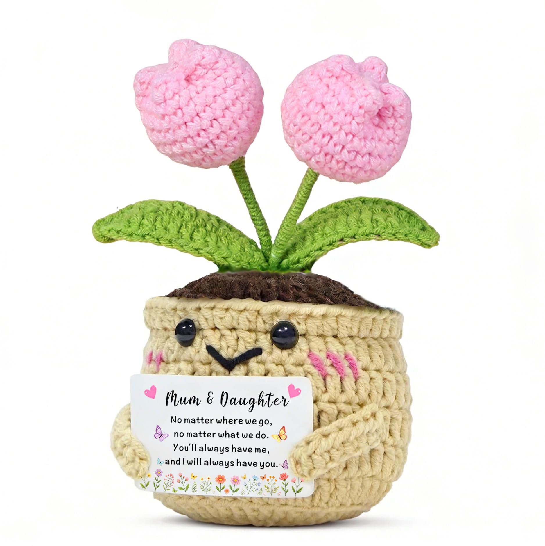HULALA Mum And Daughter Gifts For Mother's Day Birthday Valentines Christmas Handmade Crochet Pink Tulip Flower With Card Decoration Ornament Presents Keepsake
