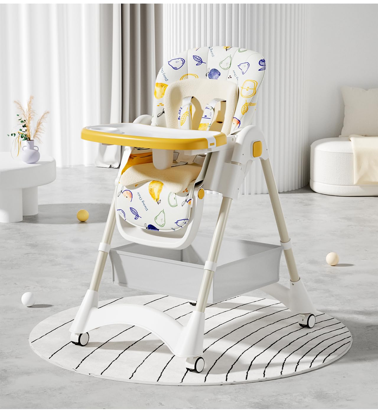 TINSY Baby Adjustable High Chair | Dual Tray System for Feeding | Anti-Slip Feet for Stability | Comfortable Cushion Seat | Boys and Girls | 0-5 Years | Yellow