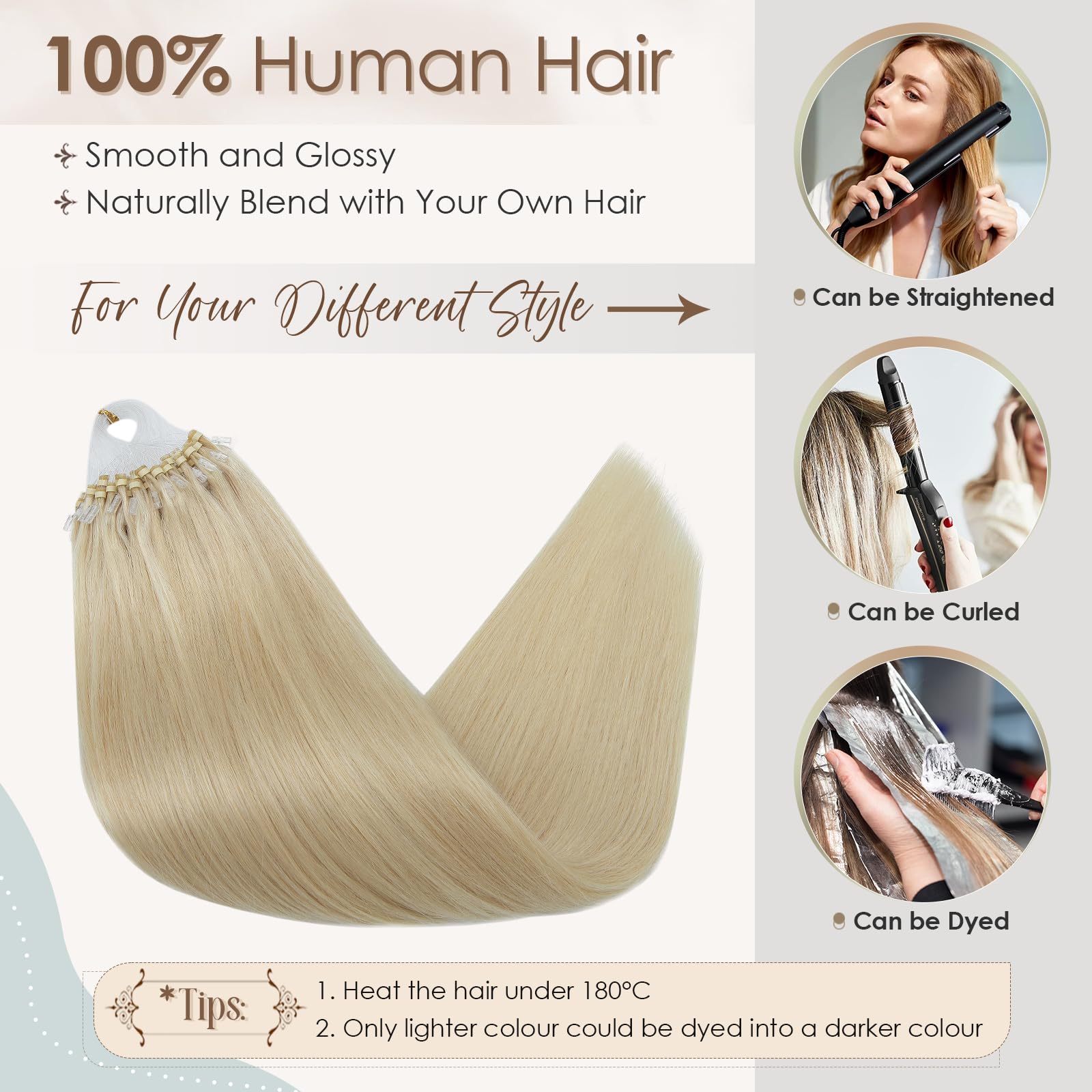 Elailite Micro Loop Hair Extensions Real Human Hair 1g/s 50 Strands 50g With Micro Ring Beads Remy Hair Straight (#60 Platinum Blonde - Image 4