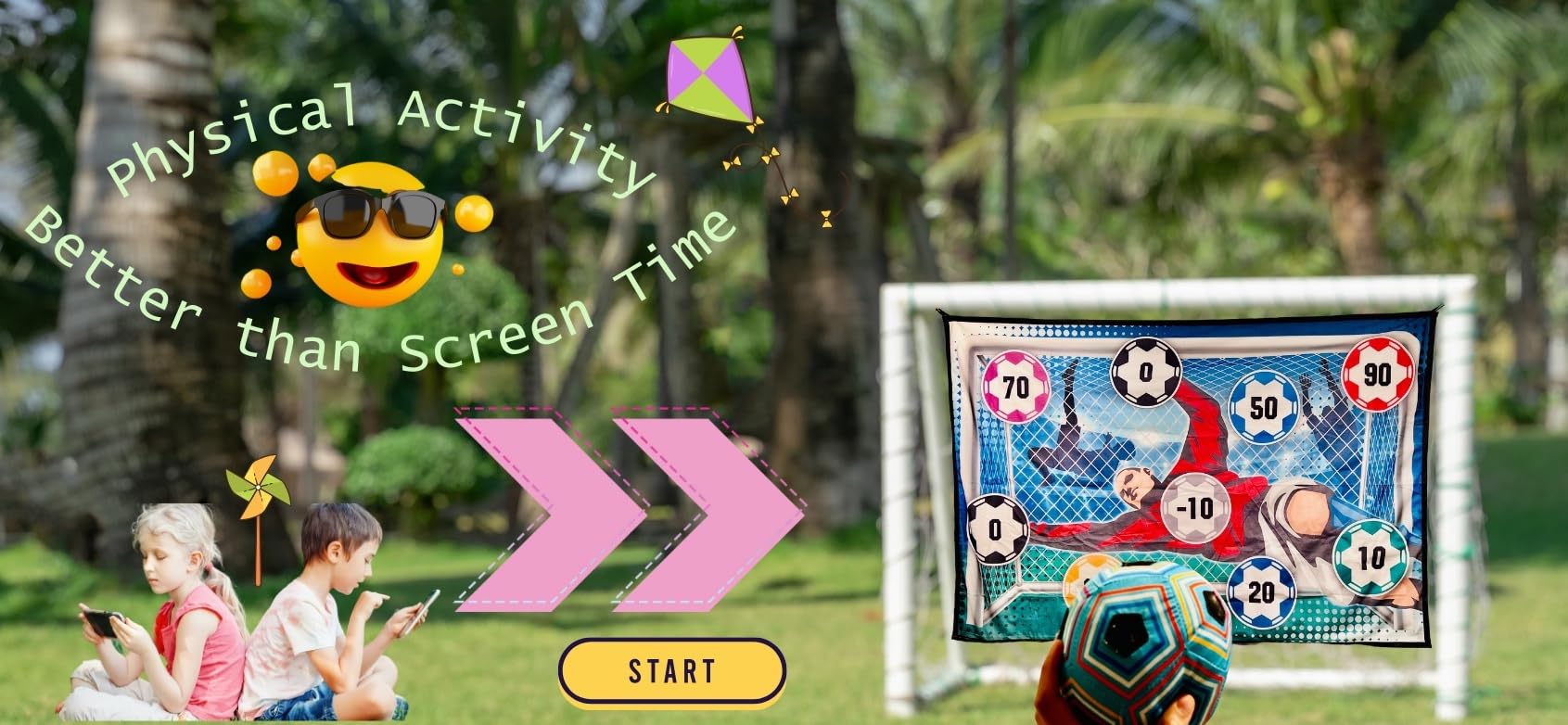 eMart4U Children’s Soccer Set Fun Game Perfect for Indoor or Outdoor Play 8+pcs/Set. 6” Adhesive Soccer Ball, Stakes and Sticking Hooks and Target 60”x40” (Blue)