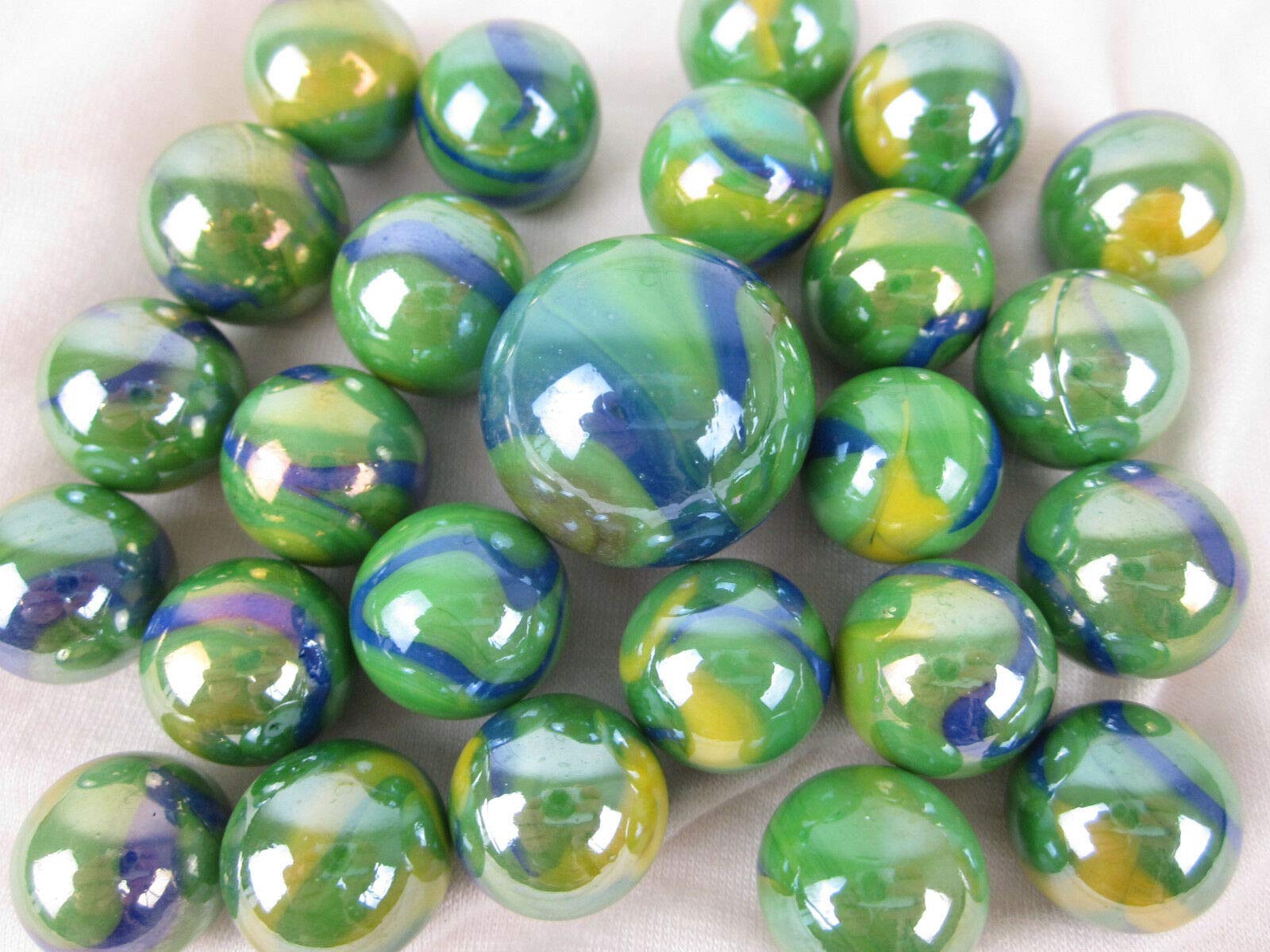 Big Game Toys~25 Glass Marbles Peacock Iridescent Green/Blue/Yellow Swirl Classic Style Game Pack (24 Player, 1 Shooter) Decor/Vase Filler/Aquarium