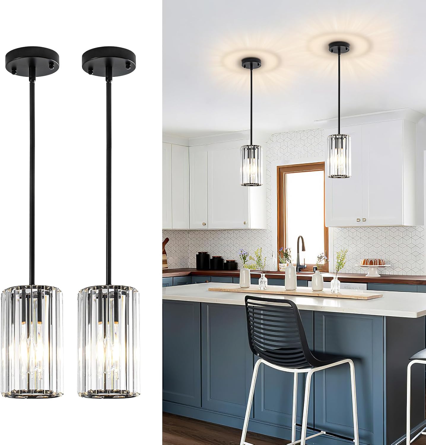 Modern Crystal Pendant Lights, Hanging Light Fixtures Mini Kitchen Island Pendant Lights Adjustable Crystal Chandelier Fixture for Island Dining Room Hallway Bedroom, Black 2-Pack
