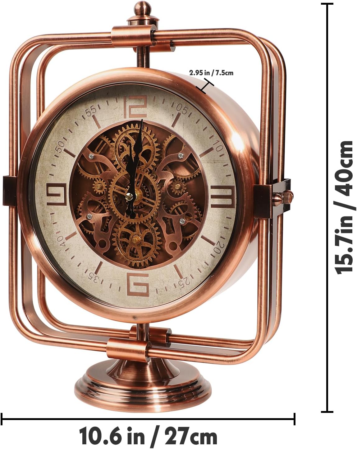 DORBOKER Moving Gears Desk Clock, Mantle Clock, Industrial Steampunk Art Decorative Clocks for Living Room Farmhouse Offcie, Christams Gifts Ideas for Father Boss Senior Friend (11inch-Red Copper)