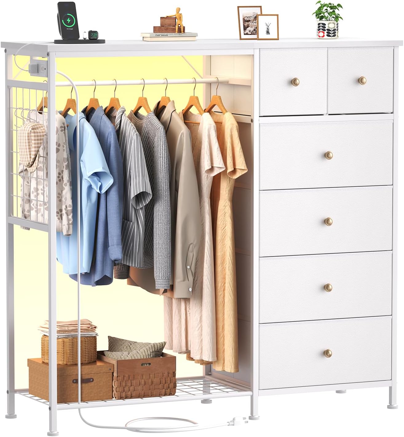 OLIXIS 6 Storage for Bedroom with Hanging Rack with LED Lights & Charging Station, Fabric Chest of Storage with Rack, Wooden Top, for Home Living Room Entryway White