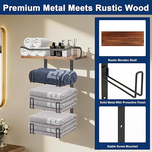 Miniatura 4 de NearMoon Toallero con estante de madera, soporte organizador de toallas de metal inoxidable para almacenamiento de baño, montado en la pared (1