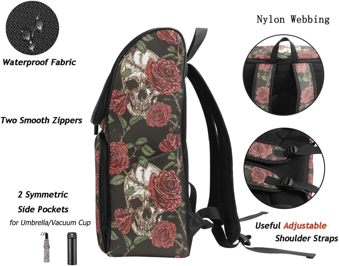 Naanle Trendy Skull Rose Floral Pattern Casual Daypack College Students Multipurpose Backpack Large Travel Hiking Bags Computer Bag for Men Women