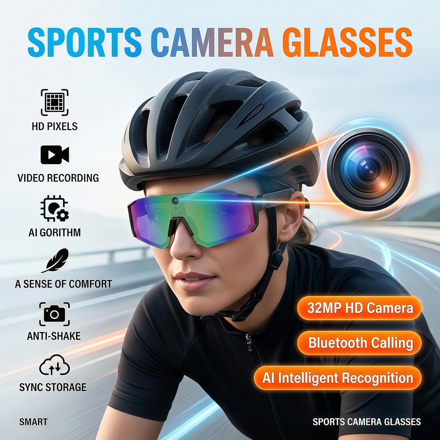 Sport AI Smart Sunglasses with 4K POV Camera — Audio & Video, Real-Time Translation, AI Voice Assistant, Internal Storage, Unisex for Cycling & Outdoor Sports (Black/Black)
