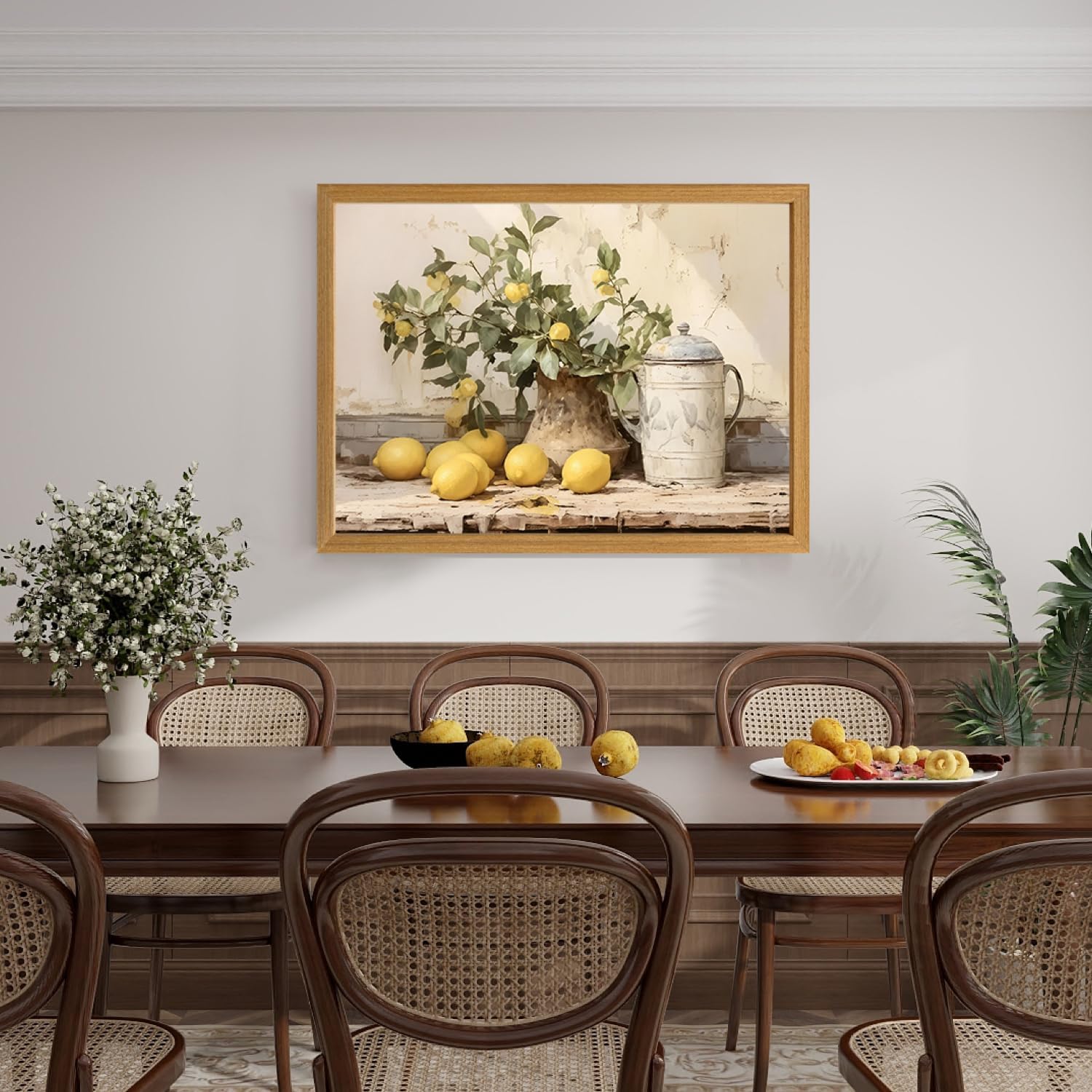 Hianan Vintage Lemon Kitchen Wall Art, Charming Lemon Still Life Wall Decor, Rustic Farmhouse Botanical Canvas Painting, Rustic Botanical Poster Print for Kitchen Living Room Wood Framed 12"x16"