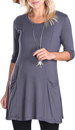 Popana 3/4 Sleeve Tunic Tops for Women, Long Flowy Dressy Scoop Neck Design 3/4 
