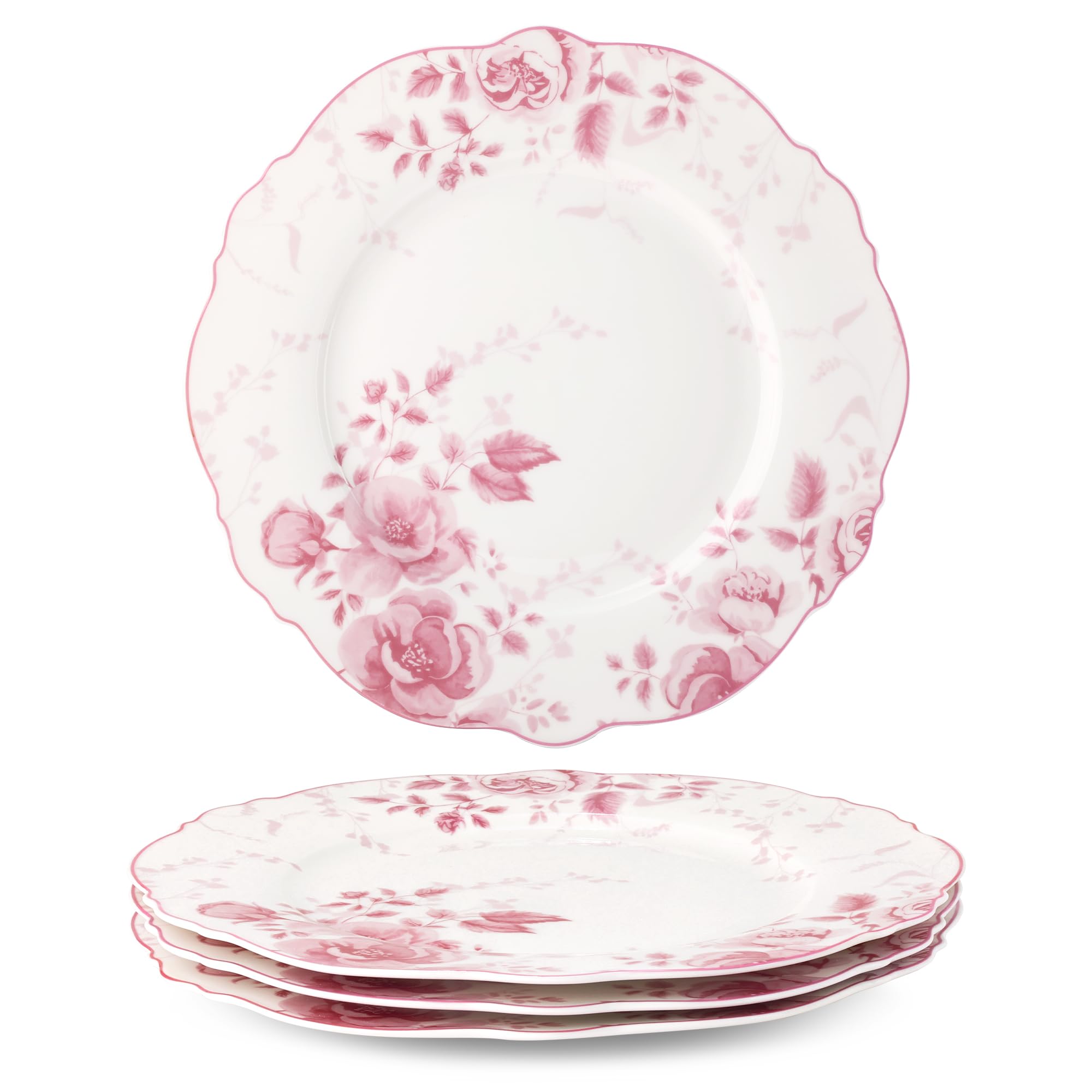 fanquare Lot de 4 Assiettes Plates Roses à Fleurs, 26,7 cm, Grandes Assiettes Rondes en Porcelaine pour Pâtes, Hors-d'œuvre et Steak, Adaptées au Micro-ondes et au Lave-vaisselle