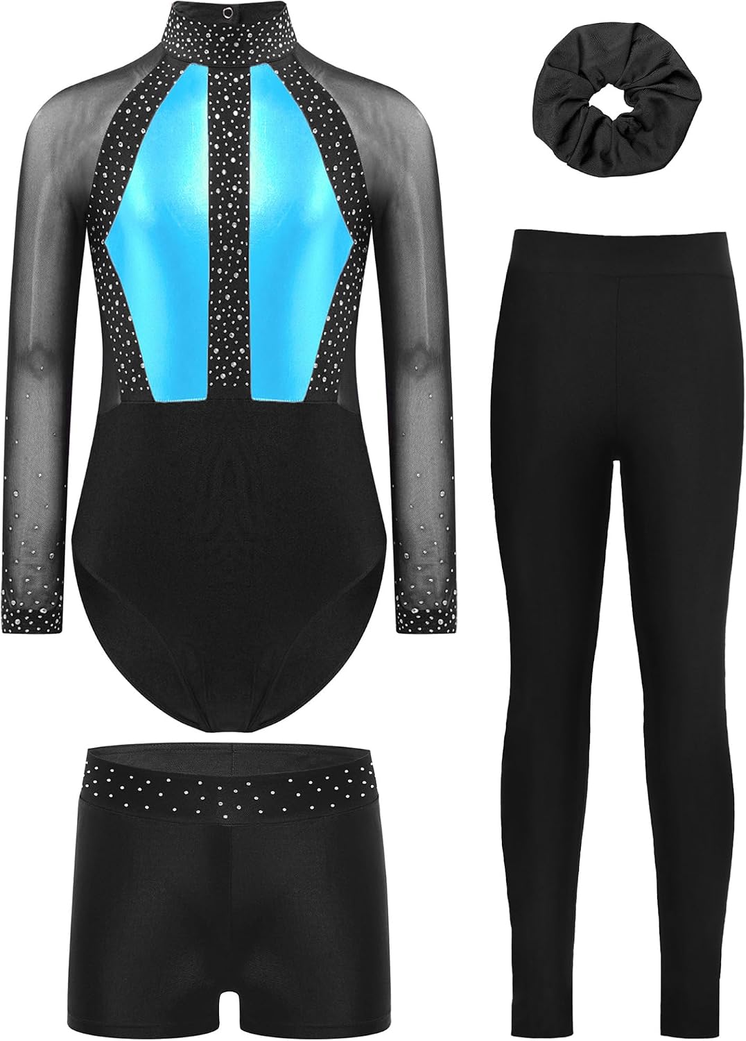 Jhaoyu Girls 4-piece Gymnastics Dance Outfits Mesh Long Sleeve Keyhole Back Leotard with Leggings Shorts & Scrunchie