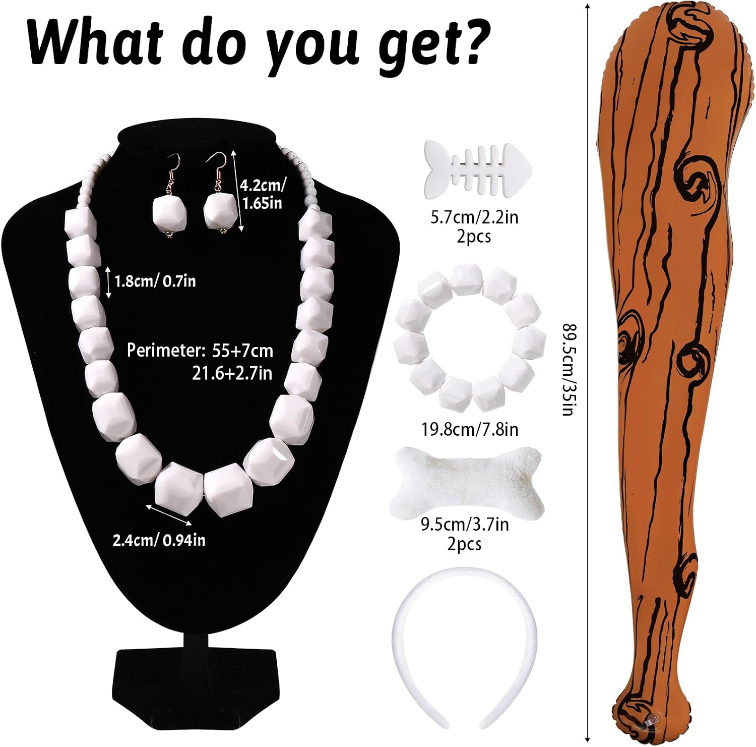 9Pcs Women Costume Accessory Set with White Bead Necklace Earrings Bracelet Hairband Brooch Hair Clips Halloween Cave Cosplay Party Supplies image 2