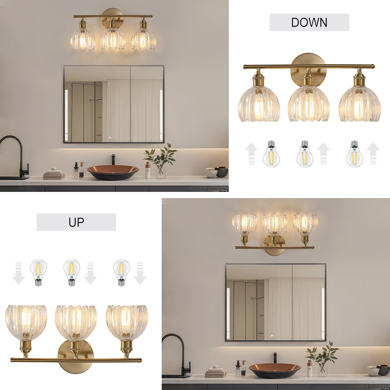 Bathroom Light Fixtures, 3-Light Brass Vanity Wall Light Over Mirror with Clear Tulip Glass Shade for Bedroom Living Room