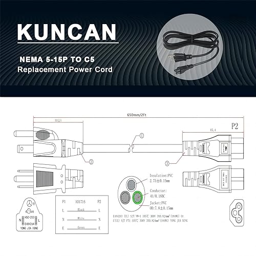 Miniatura 8 de Cable de alimentación estándar para portátil de 2 pies, 18 AWG 45 grados, enchufe plano NEMA 5-15P a Iec 60320 C5, cable de alimentación de CA