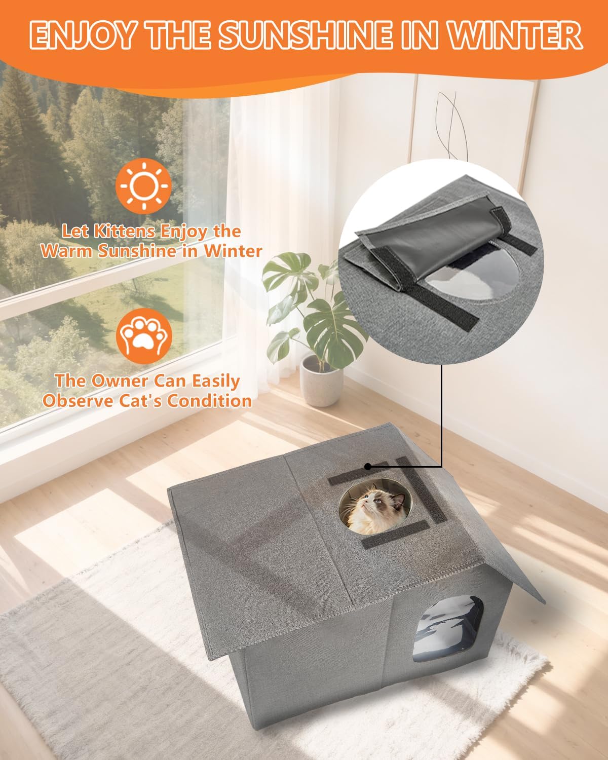 Heated Cat House for Outdoor in Winter, Insulated Heated Outdoor Kitty House with Heating Pad, Outside Winter Warm Shelter for Kittens Stray Cats Rabbits Squirrels (Grey, 21"×13.6"×15.4")