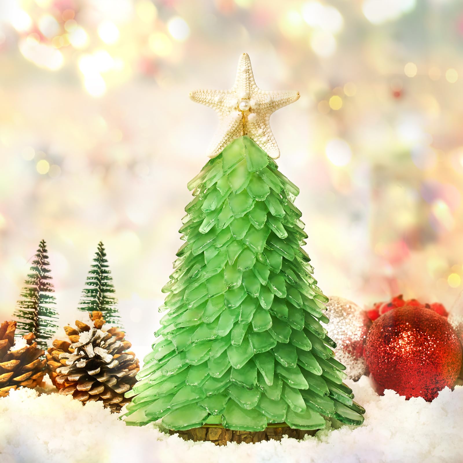 Árbol de Navidad de cristal de mar verde, mini árbol de Navidad hecho a mano, centro de mesa, ideal para Navidad, Año Nuevo, decoración del hogar, decoración de vacaciones costeras y más