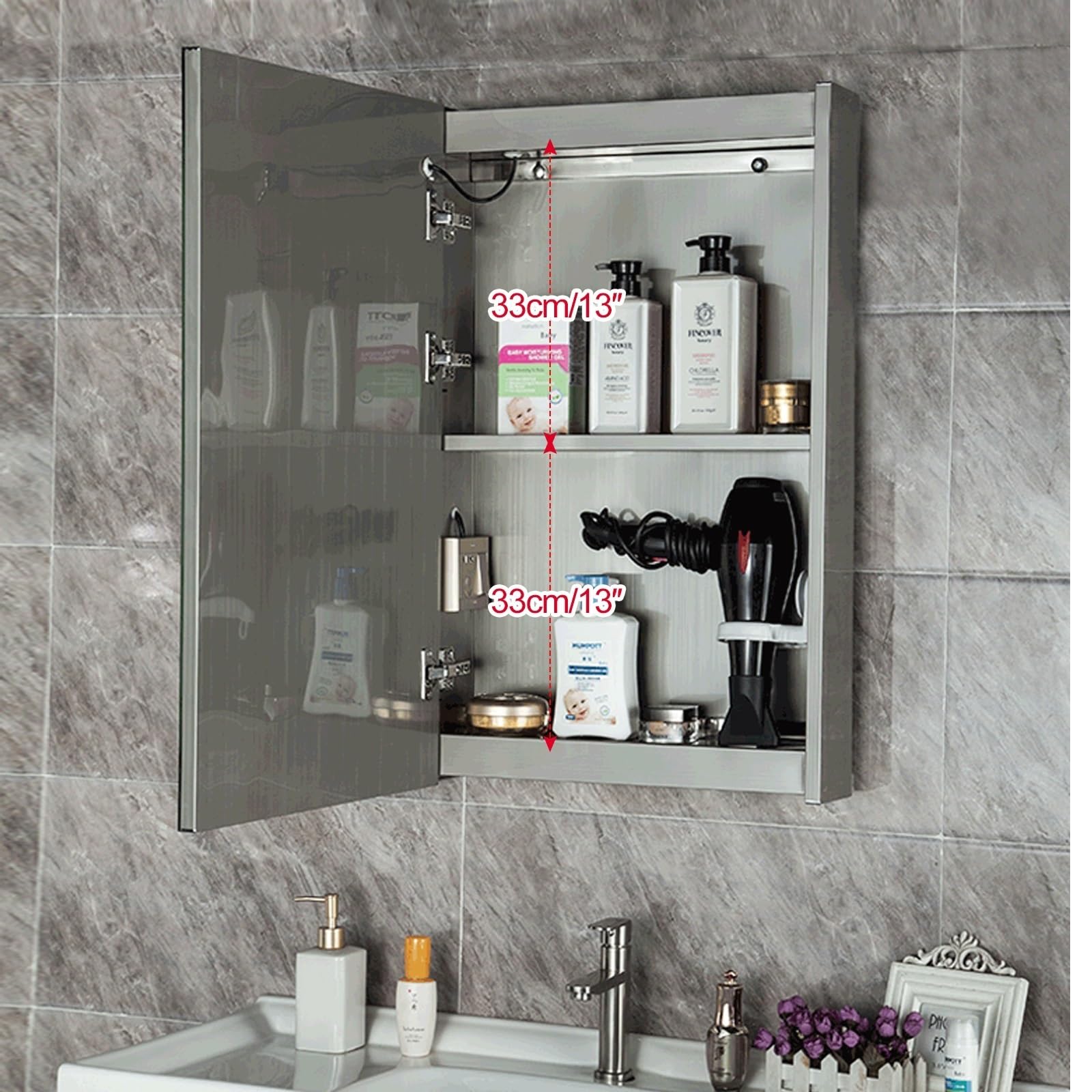 Armario con espejo de baño de 50 x 80 cm con enchufe y USB, iluminación de 3 colores y función antivaho, elegante solución de almacenamiento para baños modernos