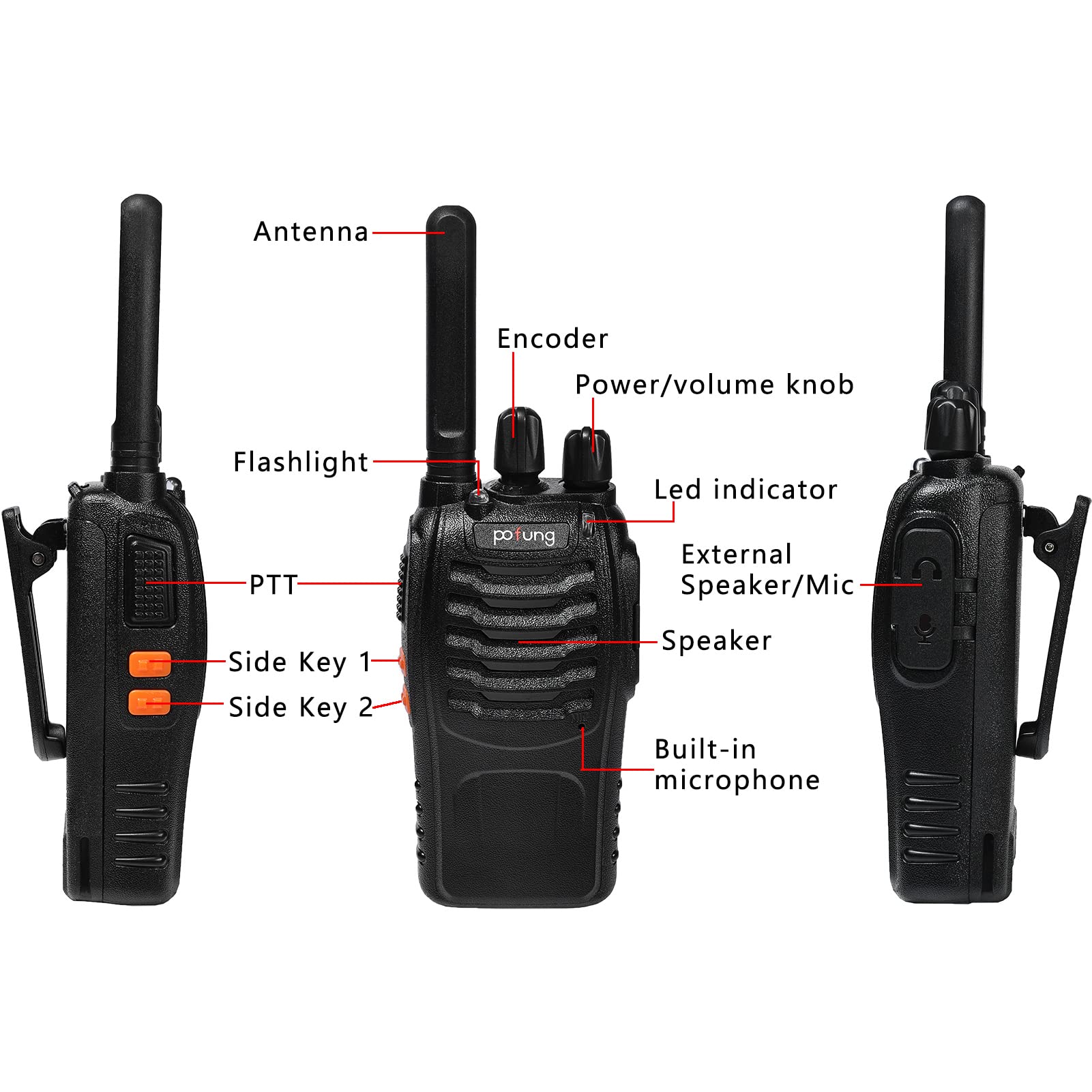 PMR446 Walkie Talkies License Free Handheld Two Way Radio pofung PT88E Long Range Walkie Talkie with 16 Channels Scan Earpieces Flashlight for Camping Warehouse Security Church School (Black 6 Pack) - Image 2